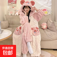 新款珊瑚絨睡衣女加絨加厚睡袍可愛(ài)學(xué)生宿舍套裝可外穿家居服 小豬粉色套裝 【睡衣+褲子】 L 【建議體重80-120斤】