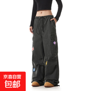 復古多口袋直筒工裝褲原版水洗純棉全刺繡腰頭松緊內包邊牛仔褲潮 灰色-錦鯉B3011 S