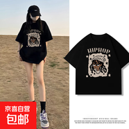 黑色短袖女t恤夏2025夏季220克純棉半袖大碼女裝胖mm寬松上衣Y 2166黑色(h嘻哈男孩) 2XL