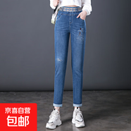 纖衣諾7027九分卷邊翻腳小腳牛仔褲松緊高腰繡花中年女褲潮流新款 藏藍 常規 27