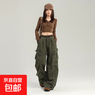 輕美式辣妹卡其色工裝褲女款2025新款超火闊腿牛仔褲女夏薄款寬松 軍綠色82007 常規 加長(cháng) XS