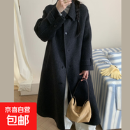 尖領(lǐng)插肩袖袖袢長(cháng)袖單排扣風(fēng)衣款學(xué)院風(fēng)加長(cháng)款雙面羊毛大衣女秋冬 黑曼巴 M