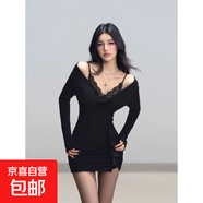 純欲風(fēng)辣妹設計性感蕾絲假兩件連衣裙女秋冬荷葉邊針織包臀短裙子 黑色 S