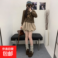 灰色菱格花苞裙褲女冬2025新款韓版高腰a字顯瘦外穿加厚蓬蓬短褲 卡其色 M 【96-110】