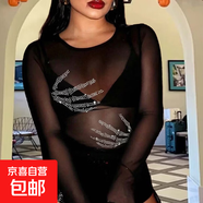 性感暗黑風(fēng)格個(gè)性印花緊身網(wǎng)紗打底衫女2026夏季新款修身上衣 黑色 L 110-125斤