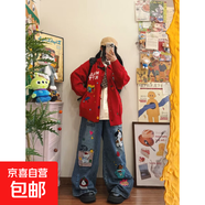 2026大碼美式復古趣味刺繡水洗牛仔褲女設計感寬松顯瘦連體長(cháng)褲潮 藍色 L