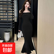 新款法式氣質(zhì)辣妹連衣裙秋冬翻領(lǐng)禮服邊包一字修身針魚(yú)尾長(cháng)裙 黑色 M