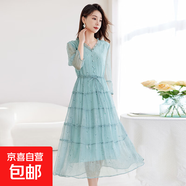 絲韻氣質(zhì)顯瘦中長(cháng)款媽媽裙大碼寬松真絲連衣裙女100％桑蠶絲8680 藍色 M (90-105斤)