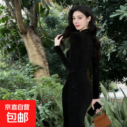 高級感黑色亮鉆連衣裙2025秋冬打底裙包臀魚(yú)尾半高領(lǐng)長(cháng)裙D4158LYT 黑色 2XL 【130-145斤】