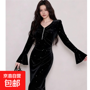 輕奢名媛喇叭袖絲絨魚(yú)尾連衣裙女冬天配大衣的年會(huì )晚禮服D4640LYT 黑色 S 【100斤以下】