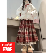 秋冬搭配一整套圣誕新年穿搭加厚保暖棉服外套格紋半身裙兩件套裝 棉衣+裙子 S