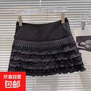 韓系甜美辣妹蕾絲褶皺短裙女夏設計感顯瘦帶安全褲百搭蛋糕A字裙 黑色 2XL