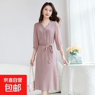 杭派原創(chuàng  )重磅真絲連衣裙女純色拼接收腰中長(cháng)裙子 咸菜綠 2XL (140-155斤)