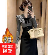 加絨加厚2025冬法式復古小眾設計感荷葉邊高腰顯瘦連衣裙D4433LYT 黑色加絨 L 【110-120斤】