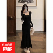 酒紅色U領(lǐng)長(cháng)袖連衣裙女裝氣質(zhì)包臀裙簡(jiǎn)約打底裙修身顯瘦垂感長(cháng)裙 黑色 XL