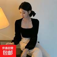 法式方領(lǐng)金絲絨女士襯衫長(cháng)袖修身女裝上衣 黑色 L