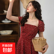 法式復古大方領(lǐng)波點(diǎn)連衣裙高腰顯白顯瘦赫本風(fēng)A字收腰文藝大擺裙 紅色波點(diǎn)連衣裙 M