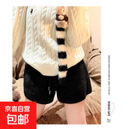 白色羊羔毛短褲女秋冬季2026新款寬松顯瘦小個(gè)子熱褲加絨外穿靴褲 黑色 S