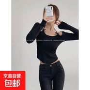 甜欲人間系帶掛脖假兩件長(cháng)袖T恤女秋純欲蝴蝶結弧邊下擺短款上衣 黑色 均碼 建議75-120斤