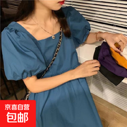【酷絲綿】2026新款女學(xué)生韓版寬松顯瘦紫色方領(lǐng)泡泡袖連衣裙 藏青色 2XL