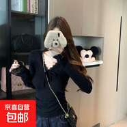 美式辣妹風(fēng)V領(lǐng)蕾絲花邊長(cháng)袖打底衫女裝春秋復古收腰上衣潮JL-3324 黑色 XS