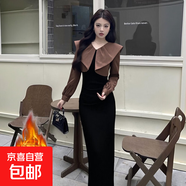 秋冬新款加絨加厚氣質(zhì)優(yōu)雅假兩件拼接長(cháng)袖娃娃領(lǐng)連衣裙D4044LYT 黑色 M 【100-110斤】