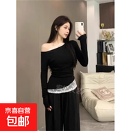 蕾絲斜肩長(cháng)袖T恤女裝春秋季辣妹性感上衣 黑色 M
