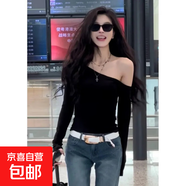 露肩長(cháng)袖T恤女裝春秋季百搭打底衫上衣 黑 XL