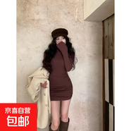 小眾半高領(lǐng)長(cháng)袖連衣裙女春秋季純欲修身顯瘦打底裙收腰包臀短裙子 深棕色 S