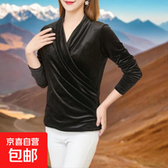 黑色V領(lǐng)秋款上衣女士修身收腰長(cháng)袖金絲絨歐貨時(shí)尚洋氣歐洲站T恤女 黑色【薄款】 4XL