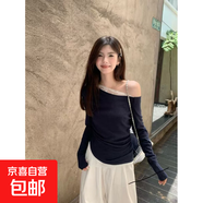 蕾絲斜肩長(cháng)袖T恤女裝春秋季辣妹性感上衣 藏青色 S