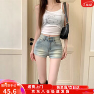 佐敘辣妹高腰彈力牛仔短褲女2025夏季做舊顯瘦百搭緊身包臀牛仔褲熱褲 淺藍色 S （85-95斤）