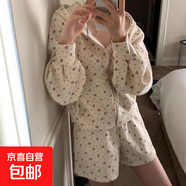韓國chic復古減齡碎花連帽長(cháng)袖衛衣外套+高腰闊腿短褲兩件套灰色 杏色 M