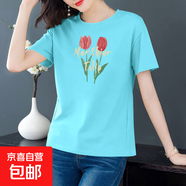 純棉短袖t恤女裝夏季寬松顯瘦圓領(lǐng)半袖打底體恤衫學(xué)生百搭上衣604 淺蘭郁金香 4XL 【建議145-160斤】