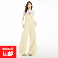 美式街牛仔背帶褲女夏季2025新款寬松復古腰直筒小個(gè)子闊腿褲 奶黃色背帶褲 703 S