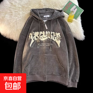 美式加絨加厚復古字母刺繡連帽開(kāi)衫衛衣情侶寬松帽衫外套AKX 加絨灰色 3XL