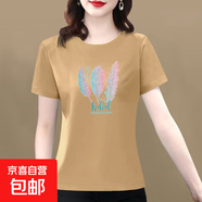 【送媽媽禮物】純棉短袖t恤女2025夏季百搭大碼女裝印花媽媽裝 卡其羽毛 M 【建議80-100斤】