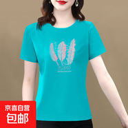 【送媽媽禮物】純棉短袖t恤女2025夏季百搭大碼女裝印花媽媽裝 湖綠羽毛 4XL 【建議145-160斤】