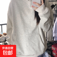 美式復古高街潮牌連帽衛衣女秋冬季加厚加絨外套chic慵懶上衣GZXY 灰色【加絨加厚】-純色衛衣【紐扣套頭款】 L （建議101-118）