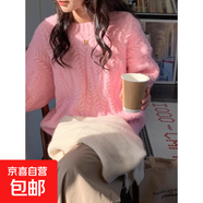 麻花圓領(lǐng)套頭毛衣女2024秋冬韓版寬松軟糯麥穗針織衫加厚外穿E102 粉色 S