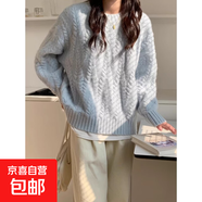 麻花圓領(lǐng)套頭毛衣女2024秋冬韓版寬松軟糯麥穗針織衫加厚外穿E102 藍色 S