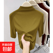 莫代爾半高領(lǐng)內搭打底衫女春秋冬德絨t恤長(cháng)袖上衣肌底衣面膜t8002 8012黃綠色【中袖】 2XL 建議125-140斤