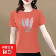 【送媽媽禮物】純棉短袖t恤女2025夏季百搭大碼女裝印花媽媽裝 磚紅羽毛 M 【建議80-100斤】