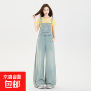 美式街牛仔背帶褲女夏季2025新款寬松復古腰直筒小個(gè)子闊腿褲 淺藍色 703 背帶褲 L