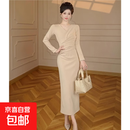 2025秋冬新款名媛冷淡v領(lǐng)打底連衣裙輕熟風(fēng)性感緊身長(cháng)裙D4153LYT 卡其色 XL 【120-130斤】