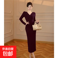 2025秋冬新款名媛冷淡v領(lǐng)打底連衣裙輕熟風(fēng)性感緊身長(cháng)裙D4153LYT 酒紅色 XL 【120-130斤】