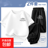 夏款套裝男童衣服春裝2025新款純棉短袖大童上衣運動(dòng)褲兒童兩件套 高山K白+高山K黑 150