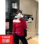 春冬復古小眾麻花修身露肩打底毛衣女時(shí)尚辣妹純色斜肩女裝上衣潮 紅色 均碼