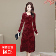 新款金絲絨3D印花連衣裙女春秋冬季大碼顯瘦氣質(zhì)媽媽裝過(guò)膝長(cháng)裙 酒紅色 4XL 【建議146-165斤】