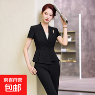 紅色短袖西裝套裝女薄款夏季氣質(zhì)美容師酒店前臺工裝珠寶店工作服 黑色外套+西褲 L